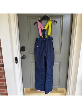 Mini Boden Kids Waterproof Snow Pants Ski Bibs Navy Pink Yellow Size 13-14Y